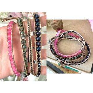 Lizou Black & Pink Beaded Brown Leather Wrap Bracelet 36 inch